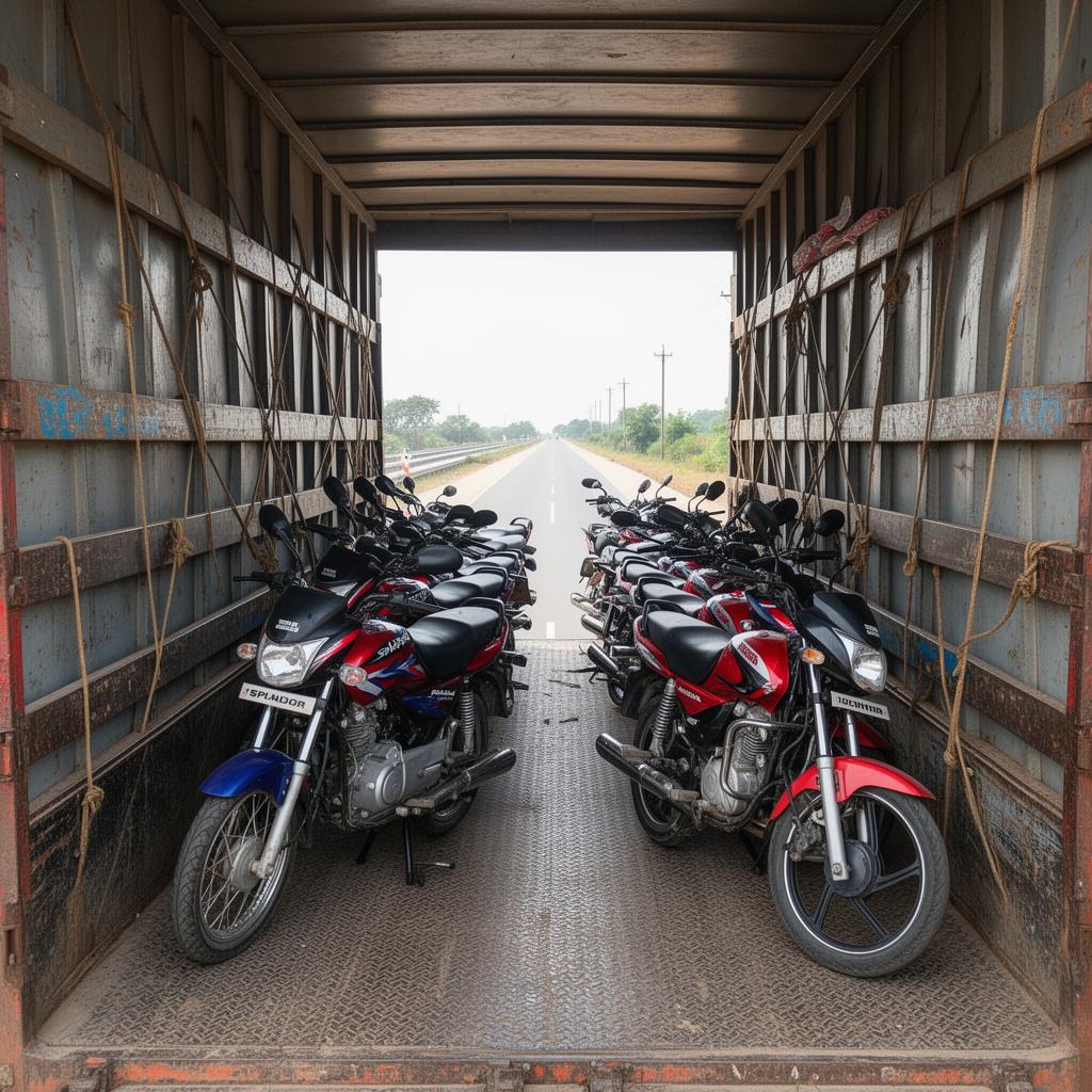 Indian motorcycles loaded inside a Tata truck for transport across India