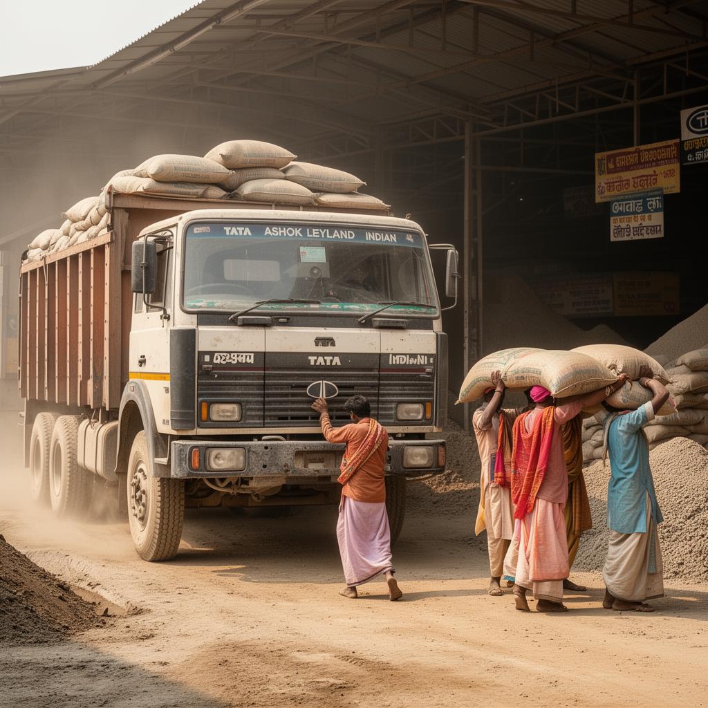 Indian workers unloading cement bags from a Tata truck at a warehouse in India