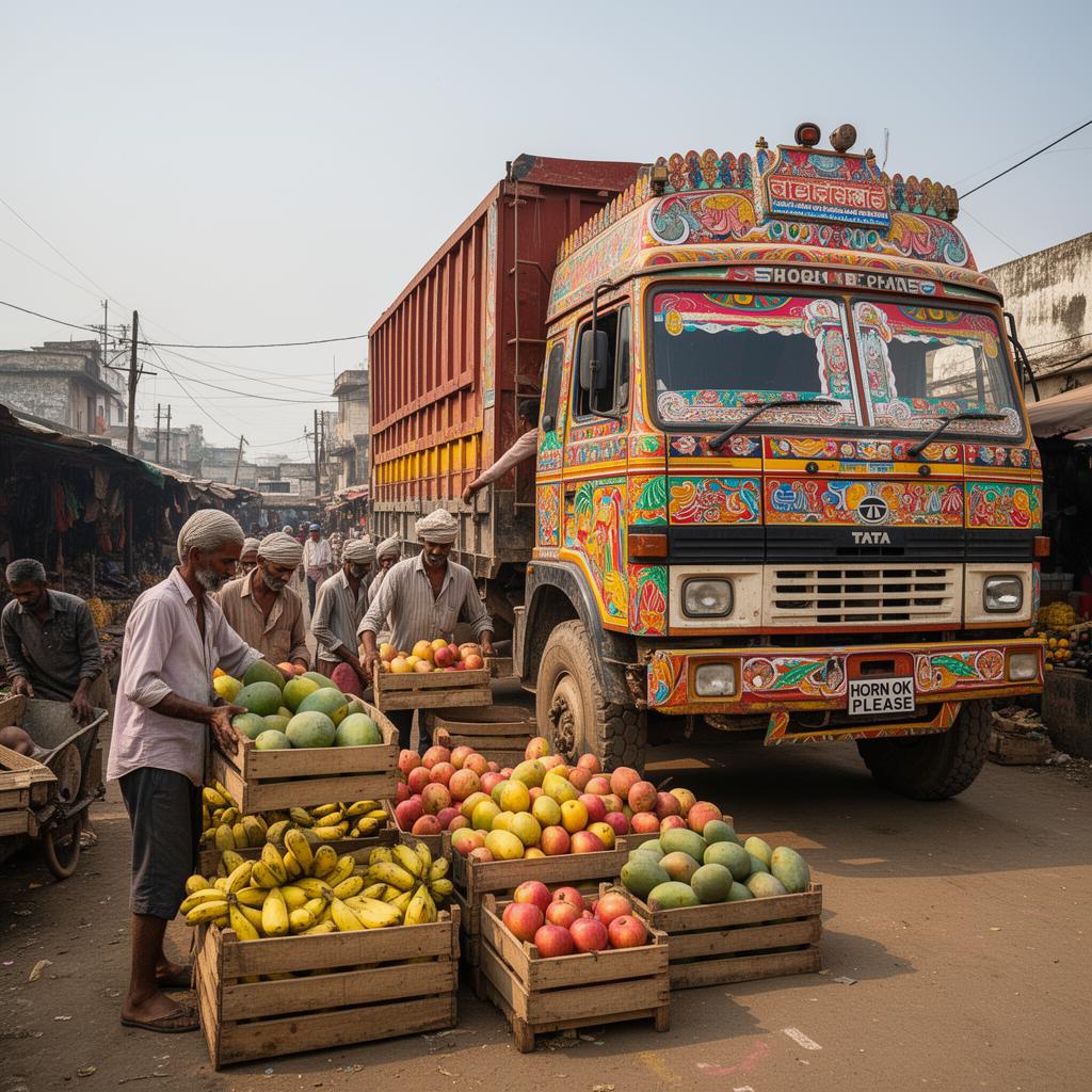 Loading fresh fruits onto a colorful Indian truck at a mandi market